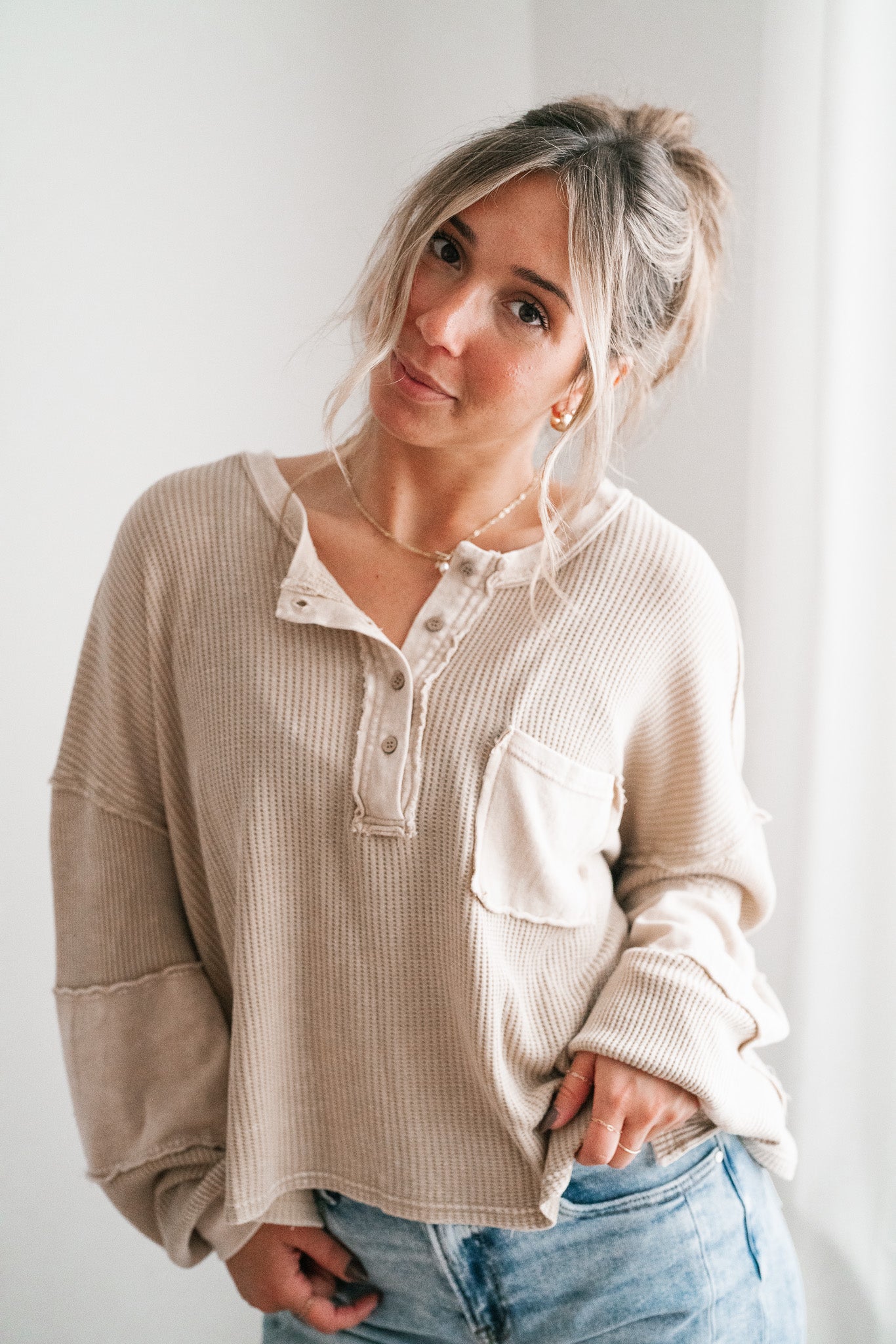 Coffee Hour Waffle Knit Top - Beige