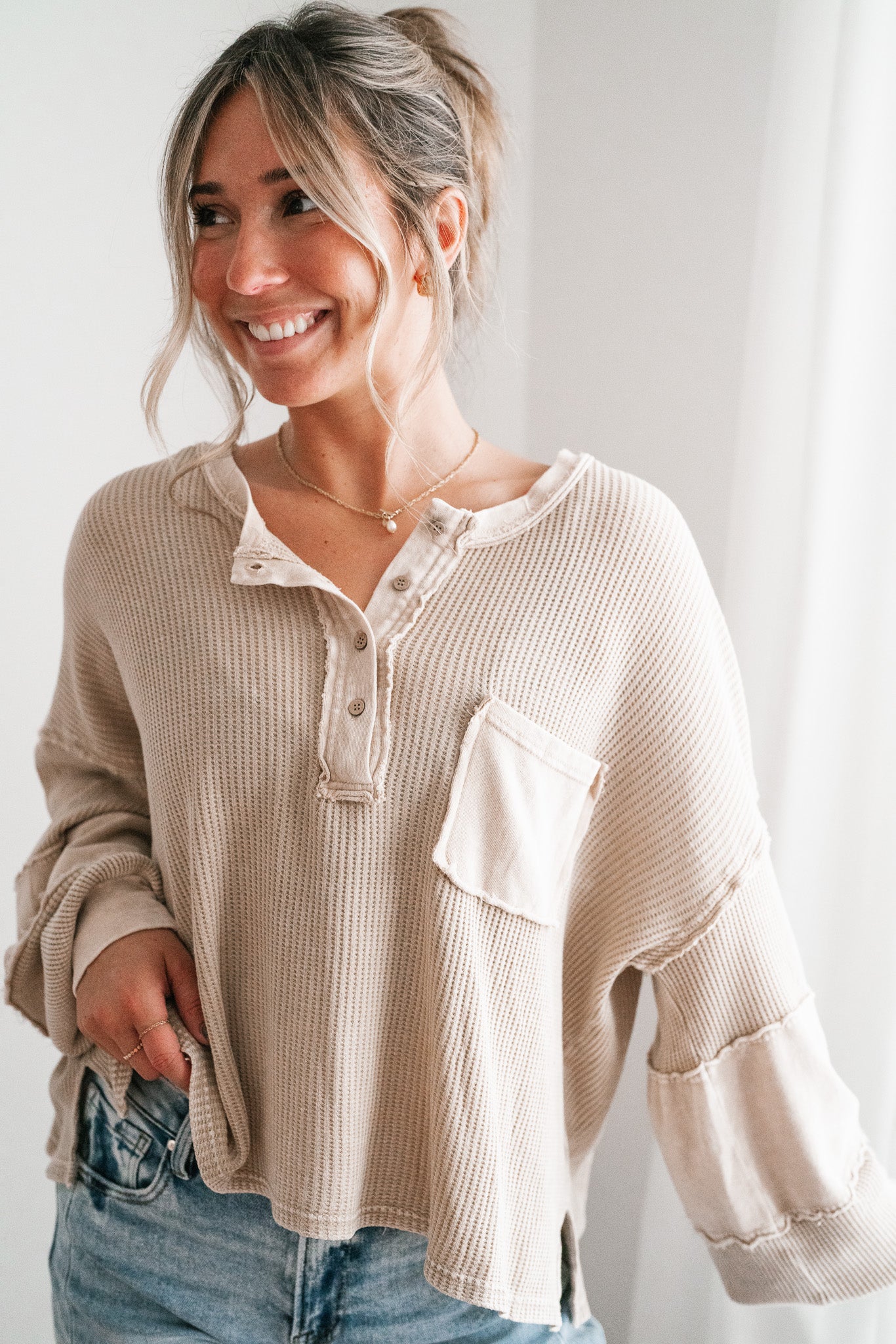 Coffee Hour Waffle Knit Top - Beige