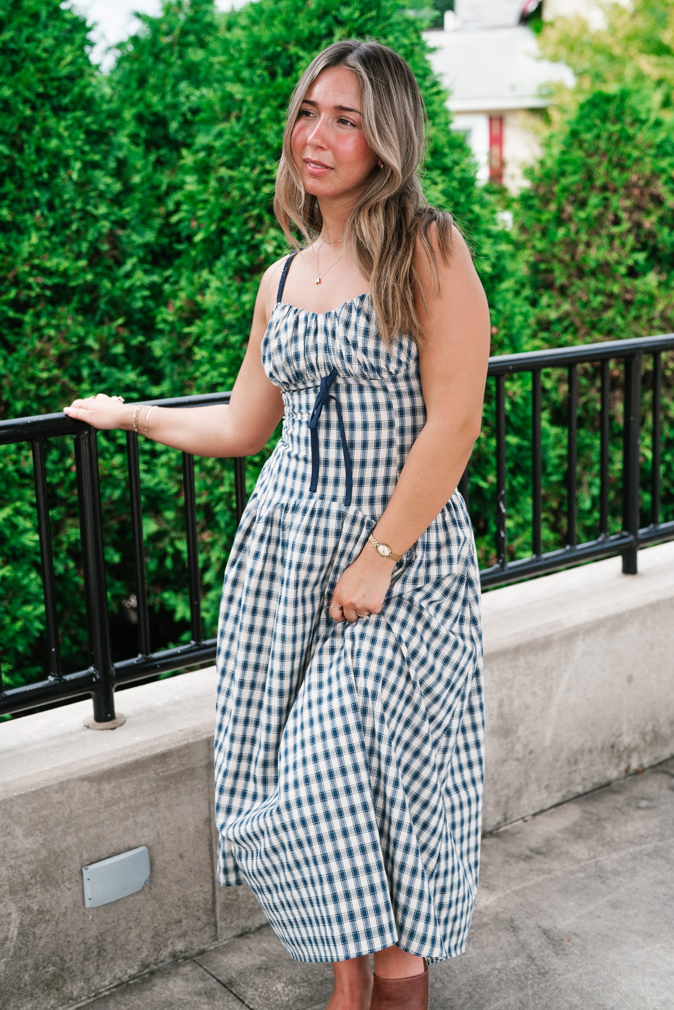 Gingham Daydream Midi Dress - Navy Blue