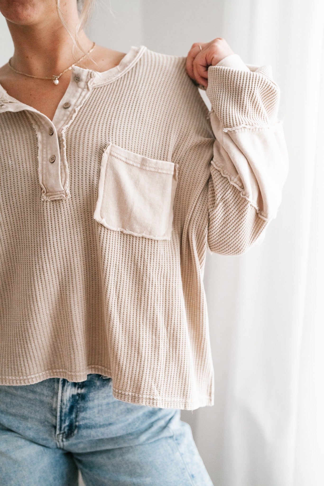 Coffee Hour Waffle Knit Top - Beige