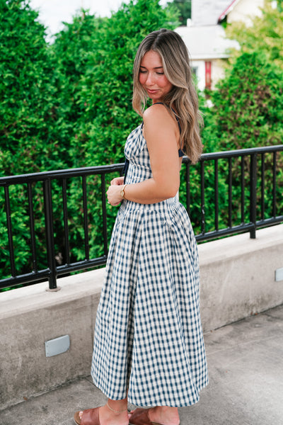 Gingham Daydream Midi Dress - Navy Blue