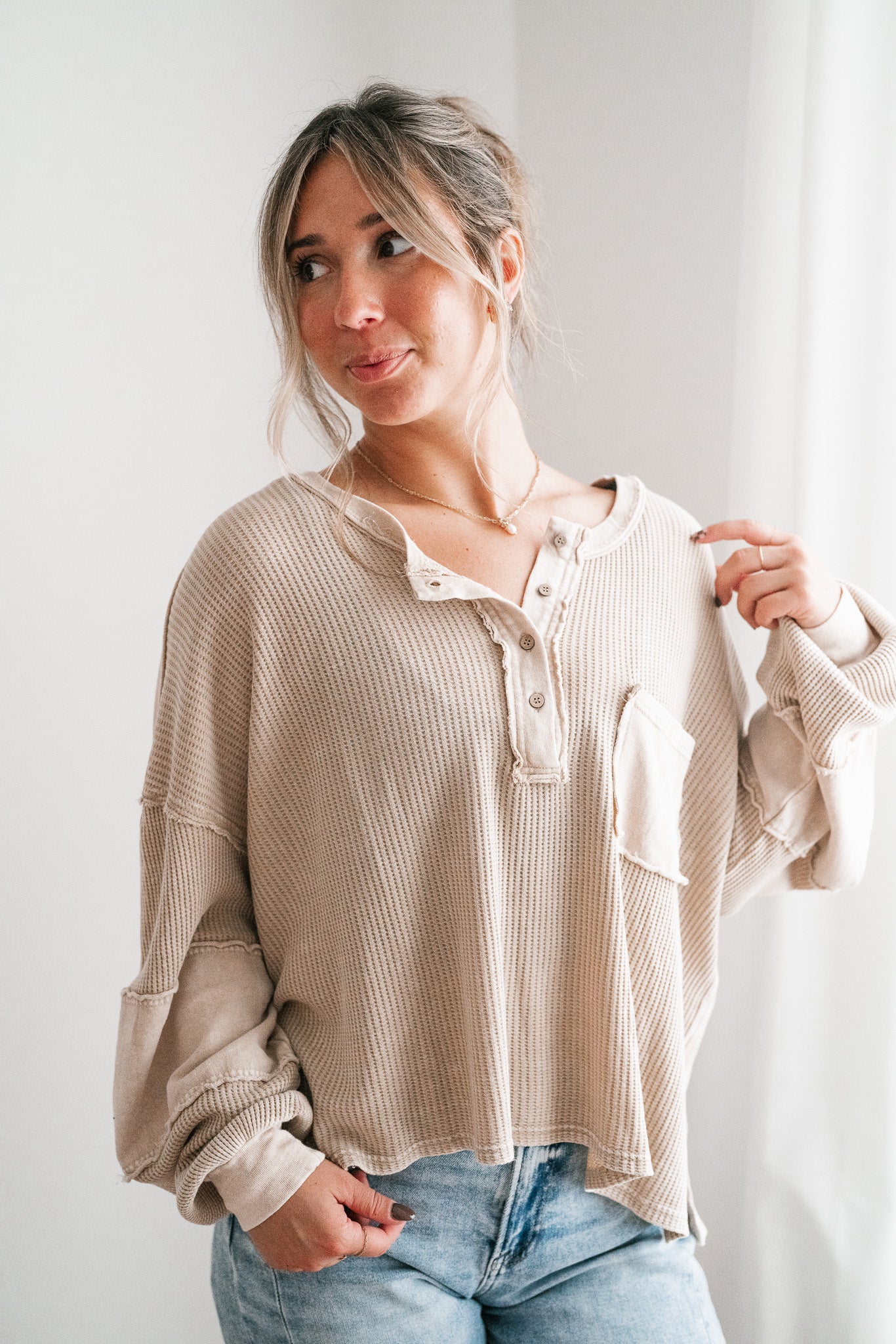 Coffee Hour Waffle Knit Top - Beige