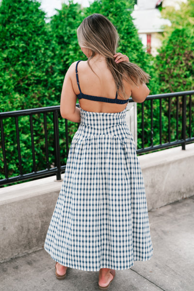 Gingham Daydream Midi Dress - Navy Blue
