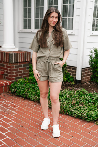 Sweet Olive Short Sleeve Button Up Top