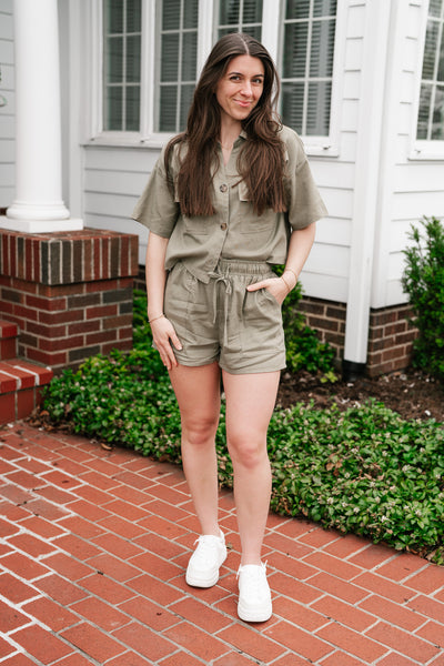 Sweet Olive Short Sleeve Button Up Top