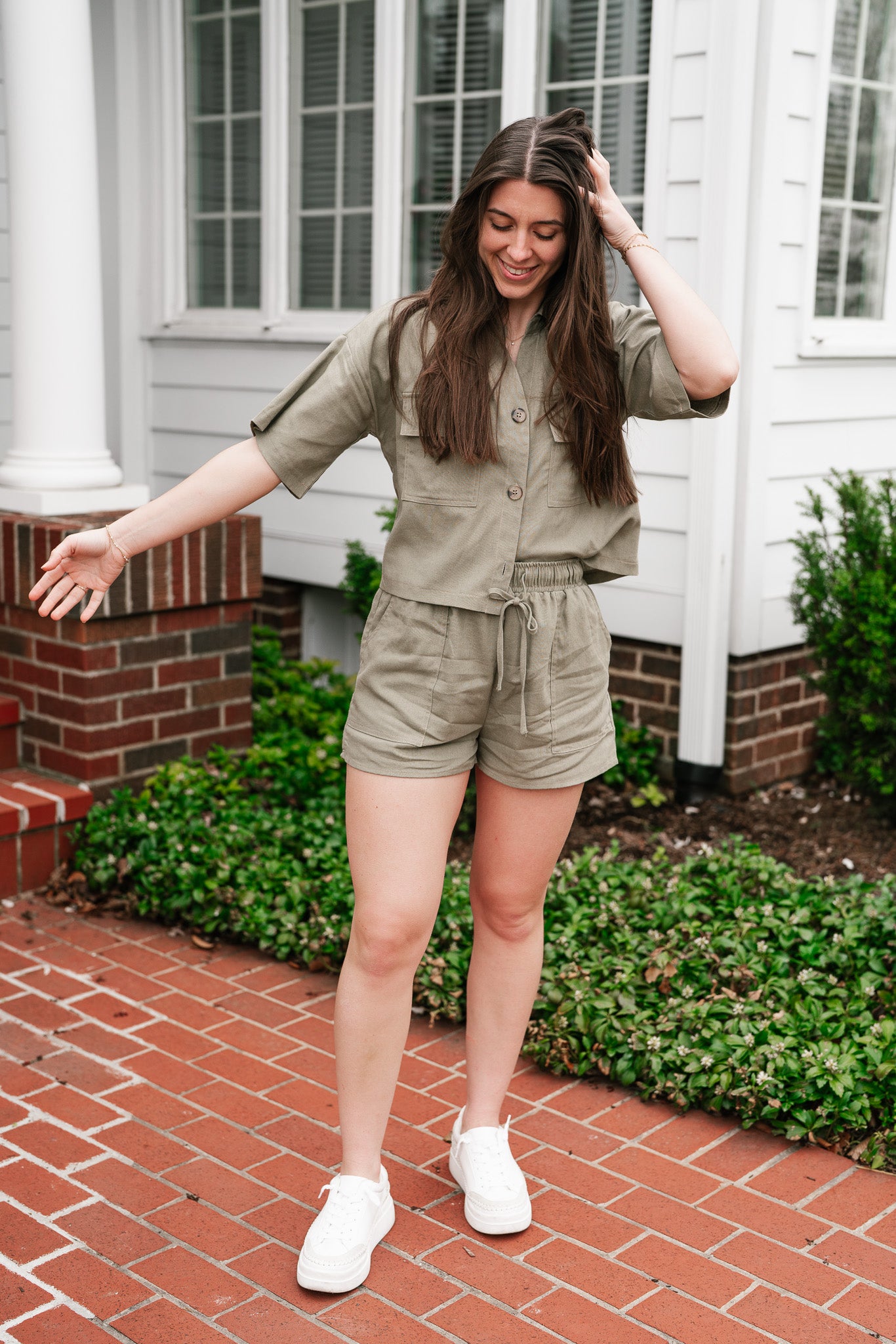 Sweet Olive Short Sleeve Button Up Top