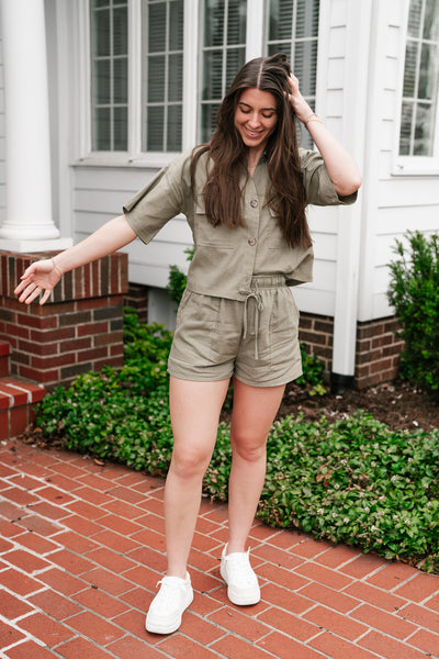 Sweet Olive Short Sleeve Button Up Top