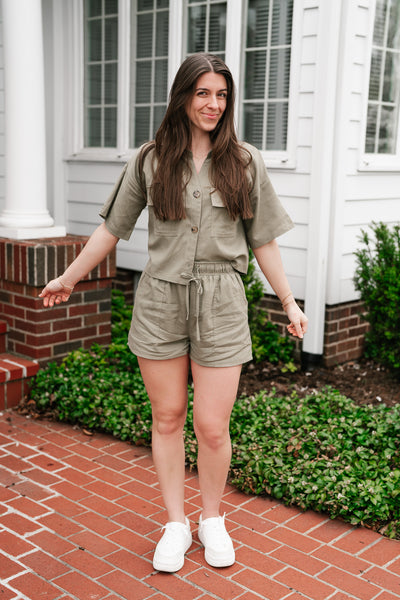 Sweet Olive Short Sleeve Button Up Top