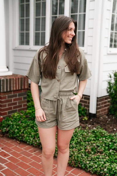 Sweet Olive Short Sleeve Button Up Top