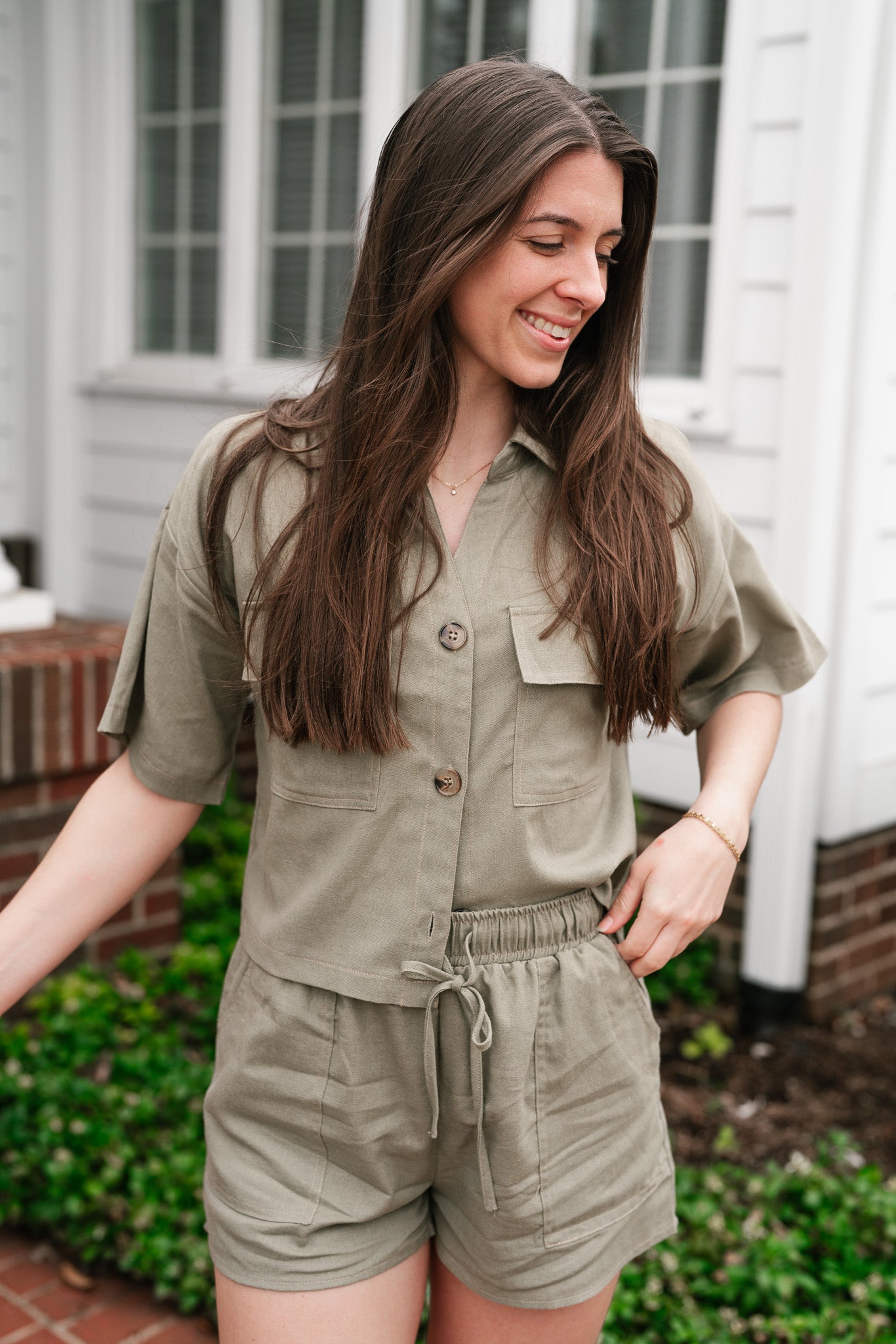 Sweet Olive Short Sleeve Button Up Top