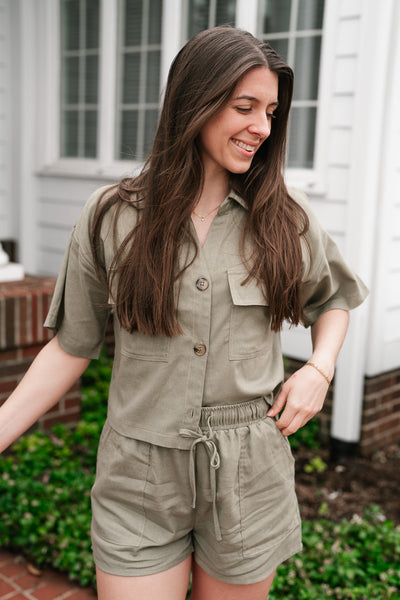 Sweet Olive Short Sleeve Button Up Top