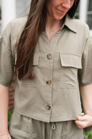 Sweet Olive Short Sleeve Button Up Top