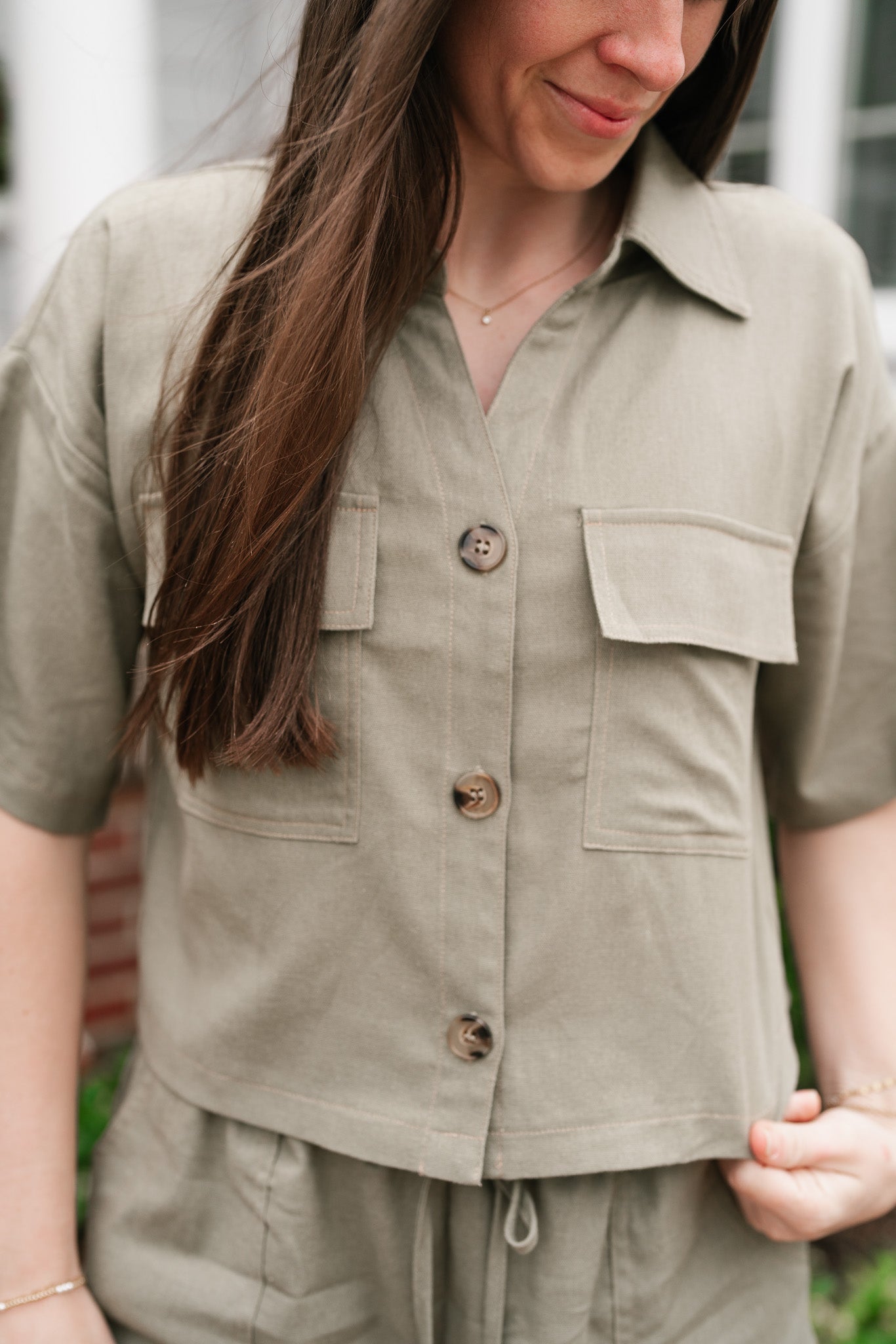 Sweet Olive Short Sleeve Button Up Top