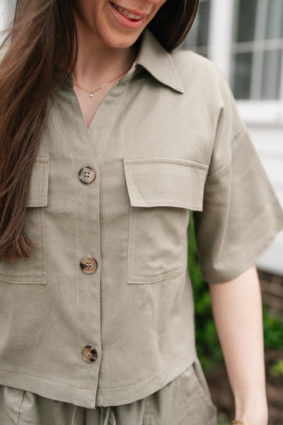 Sweet Olive Short Sleeve Button Up Top