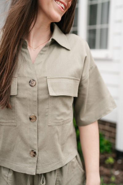 Sweet Olive Short Sleeve Button Up Top