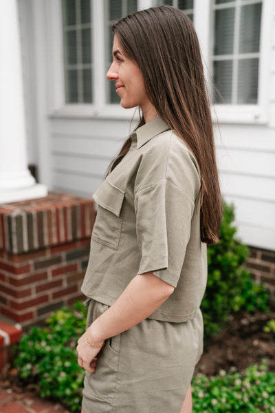 Sweet Olive Short Sleeve Button Up Top