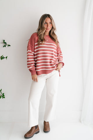 Cozy Chic Women's Striped Mock Neck Knit Sweater - Rose