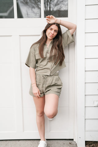 Sweet Olive Short Sleeve Button Up Top