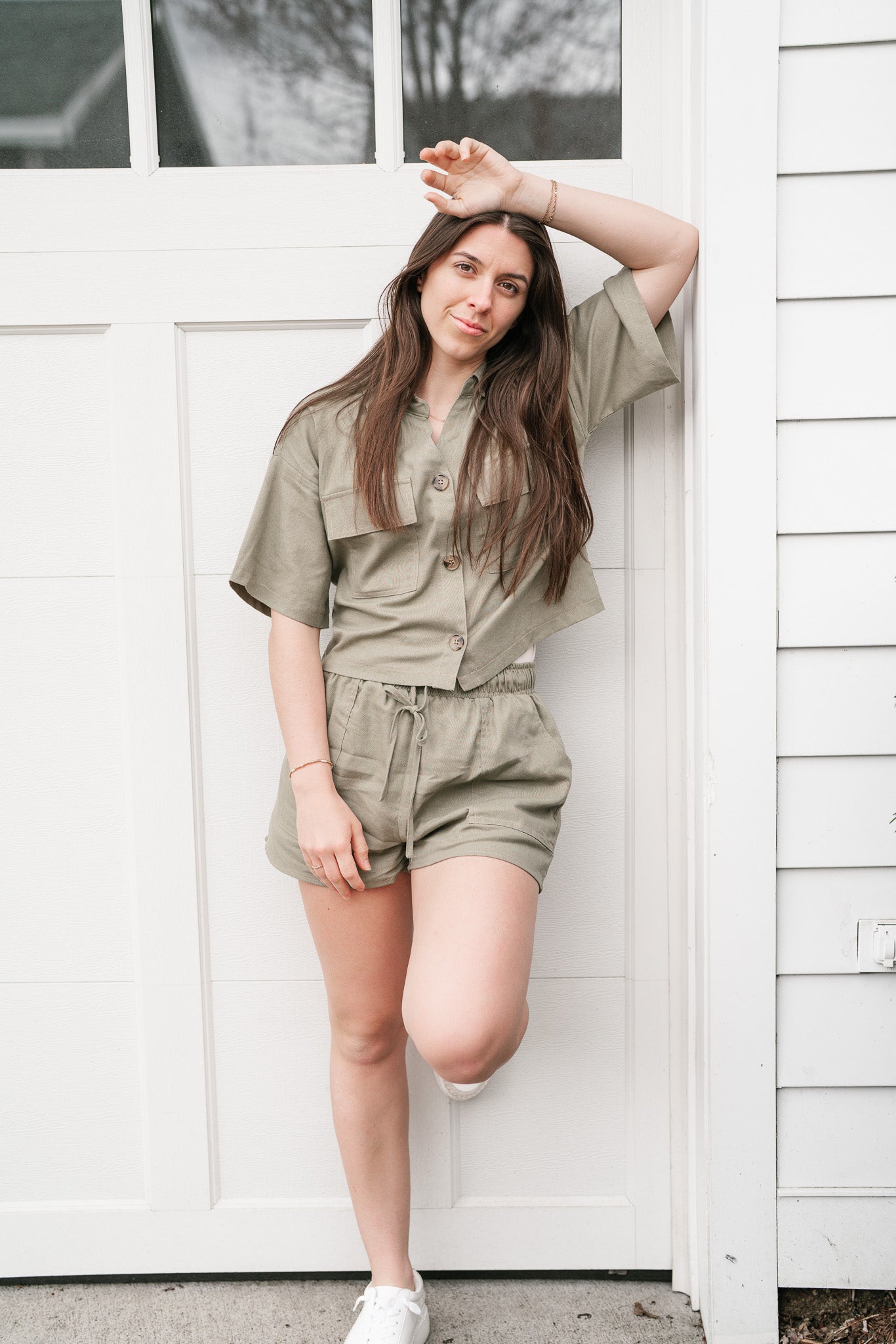 Sweet Olive Short Sleeve Button Up Top