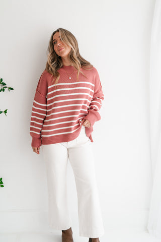 Cozy Chic Women's Striped Mock Neck Knit Sweater - Rose