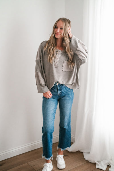 Coffee Hour Waffle Knit Top - Gray