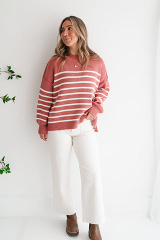 Cozy Chic Women's Striped Mock Neck Knit Sweater - Rose