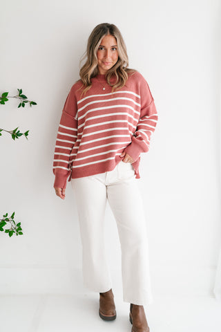 Cozy Chic Women's Striped Mock Neck Knit Sweater - Rose