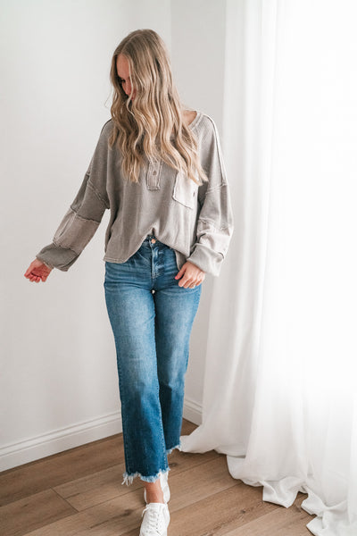 Coffee Hour Waffle Knit Top - Gray