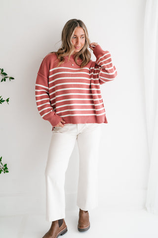 Cozy Chic Women's Striped Mock Neck Knit Sweater - Rose