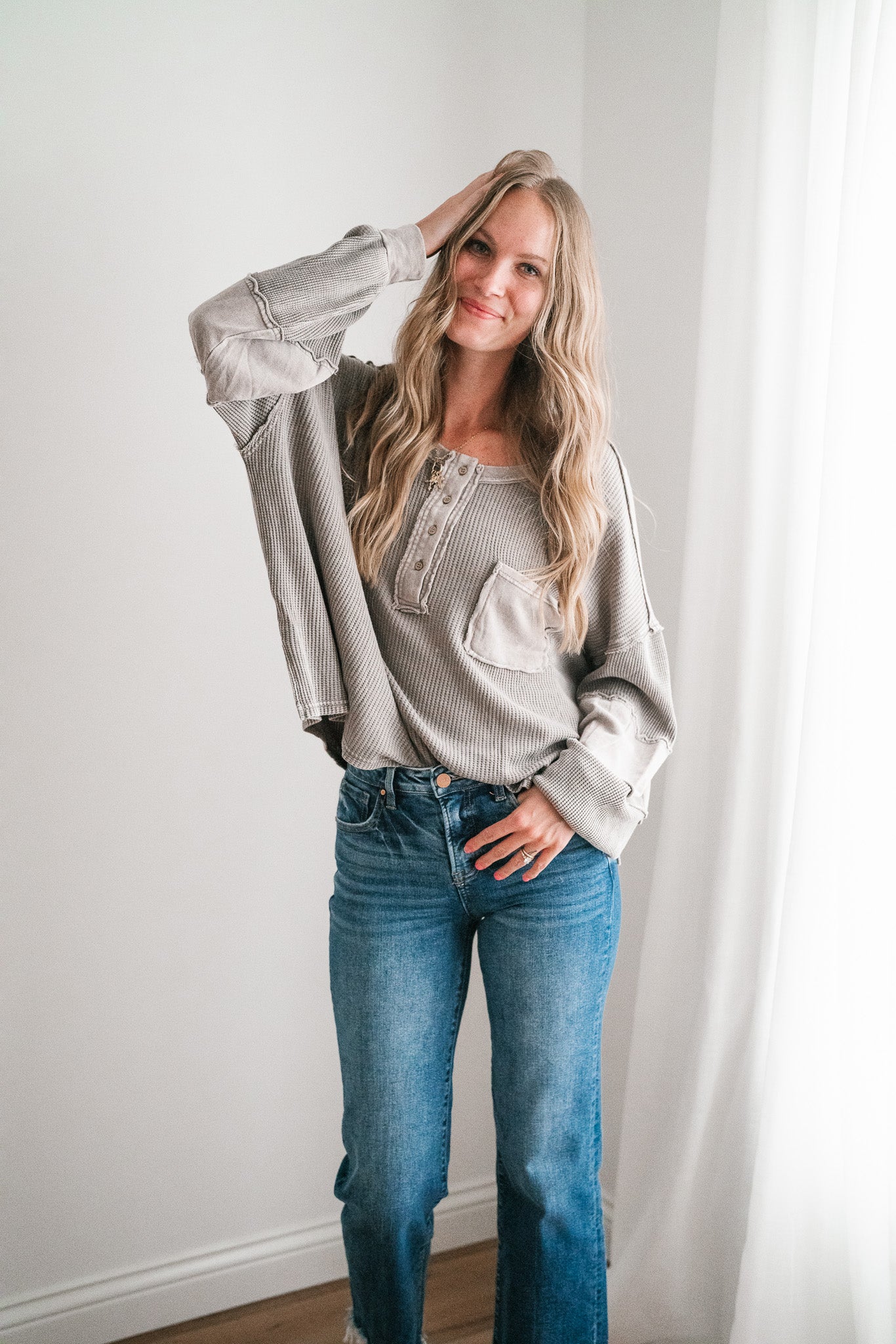 Coffee Hour Waffle Knit Top - Gray