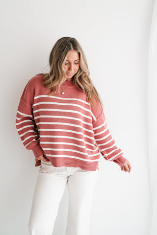 Cozy Chic Women's Striped Mock Neck Knit Sweater - Rose