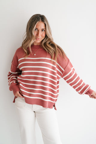Cozy Chic Women's Striped Mock Neck Knit Sweater - Rose