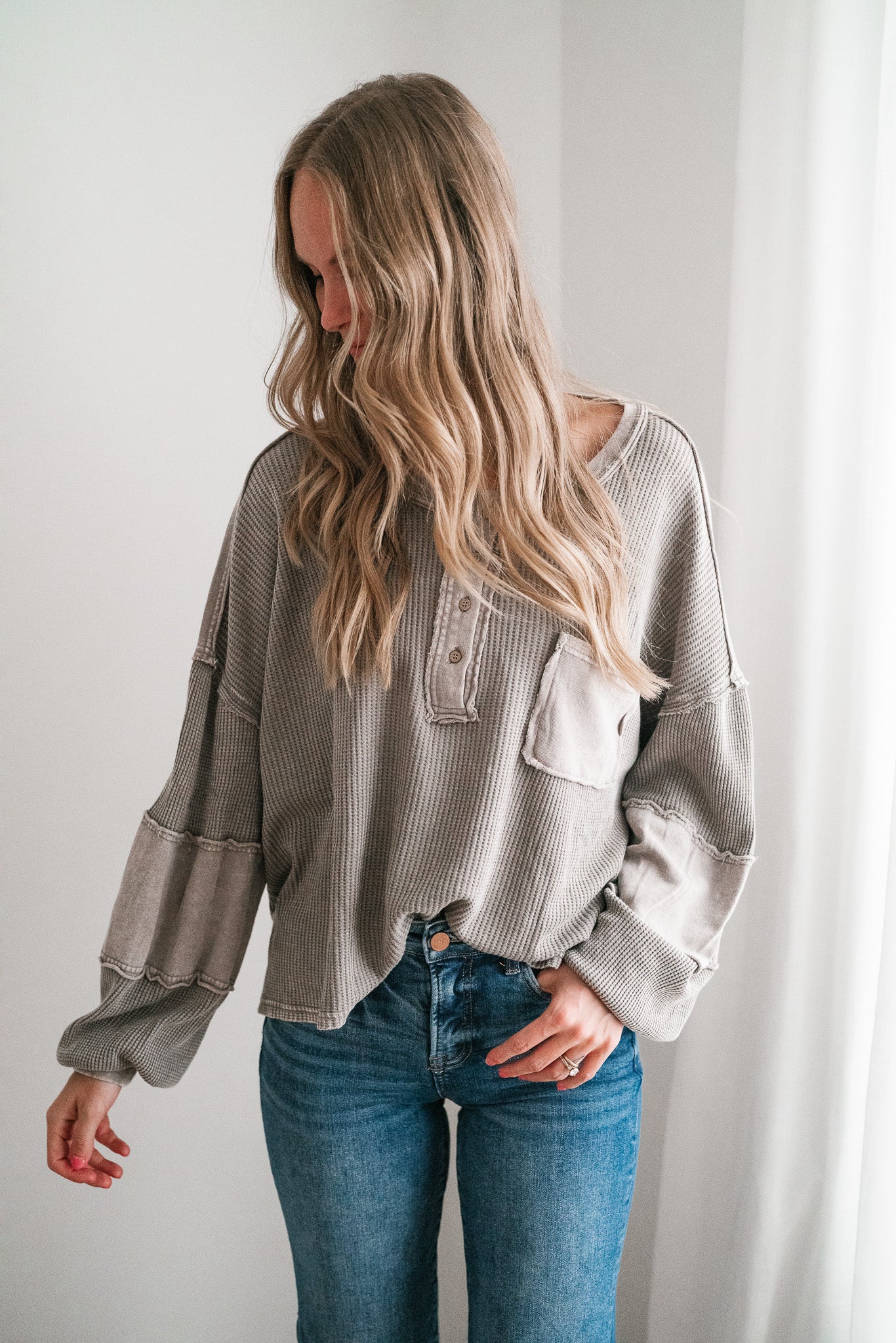 Coffee Hour Waffle Knit Top - Gray