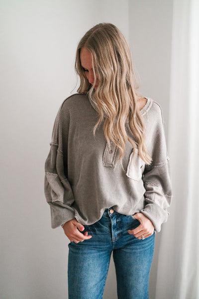 Coffee Hour Waffle Knit Top - Gray