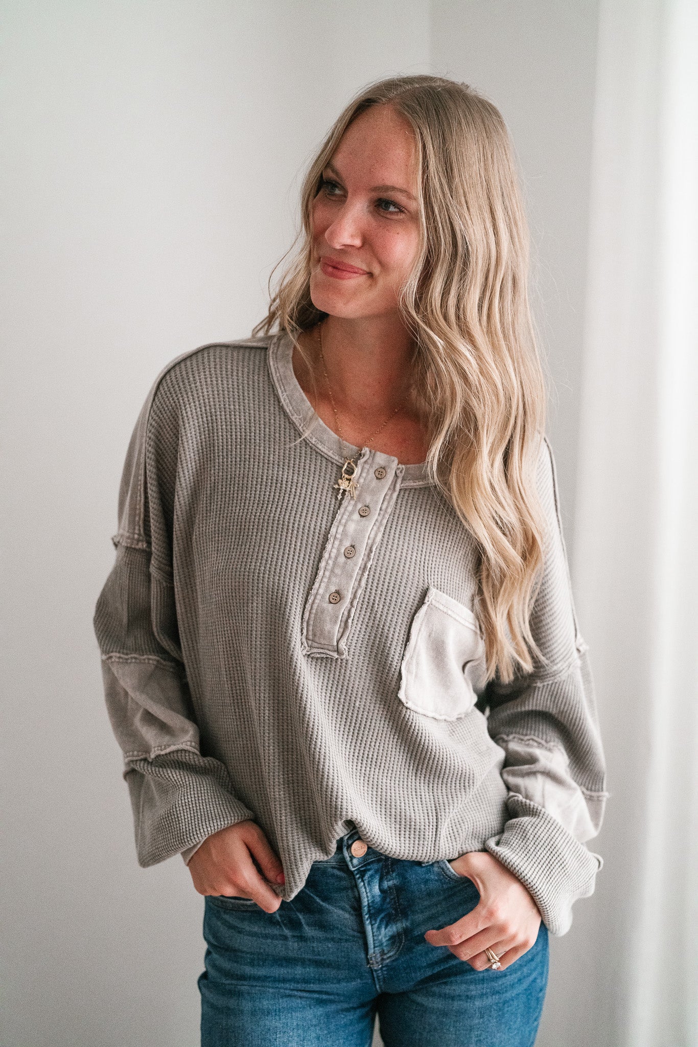 Coffee Hour Waffle Knit Top - Gray