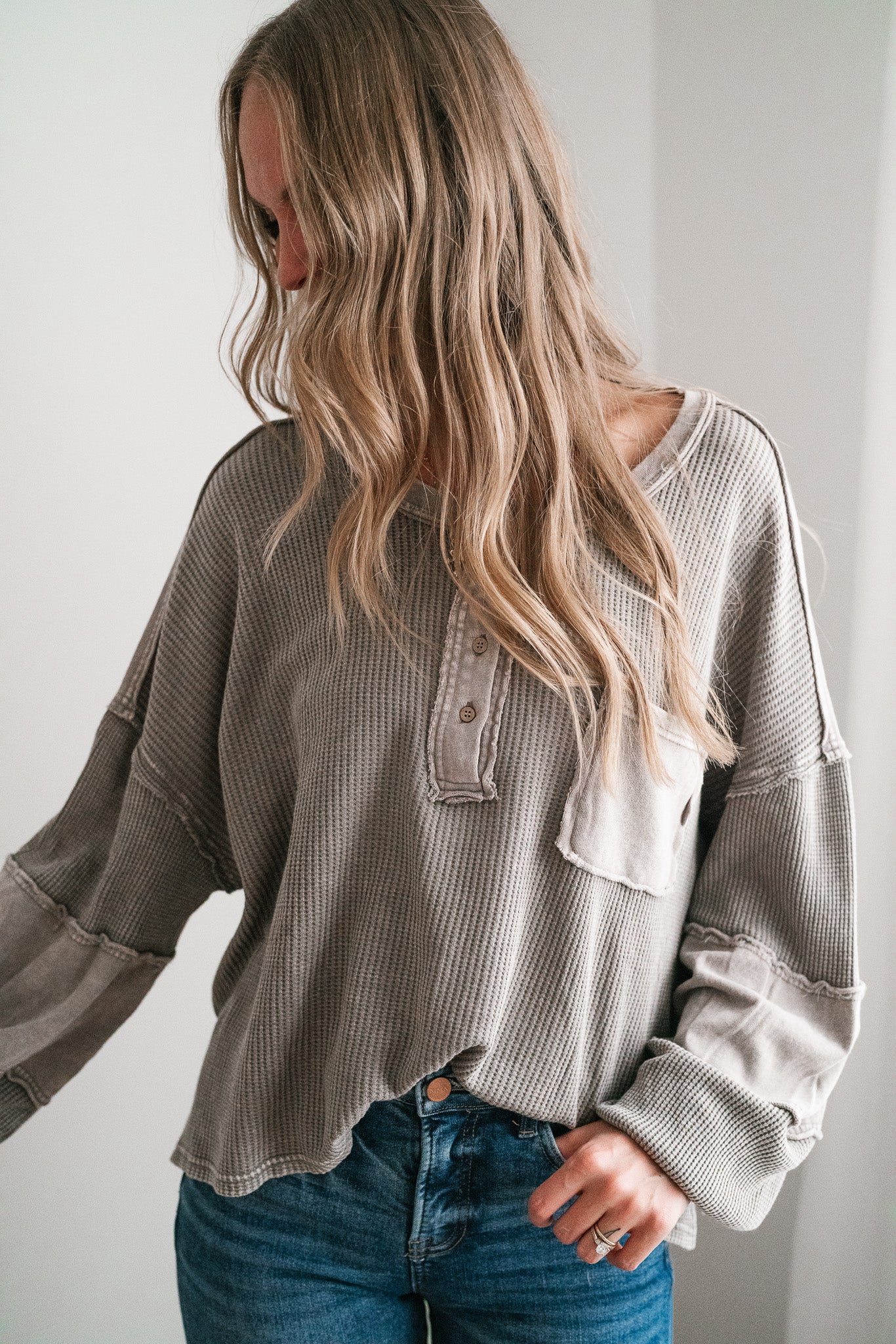 Coffee Hour Waffle Knit Top - Gray