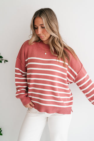 Cozy Chic Women's Striped Mock Neck Knit Sweater - Rose