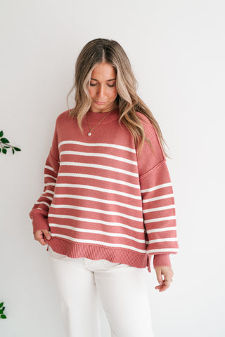 Cozy Chic Women's Striped Mock Neck Knit Sweater - Rose