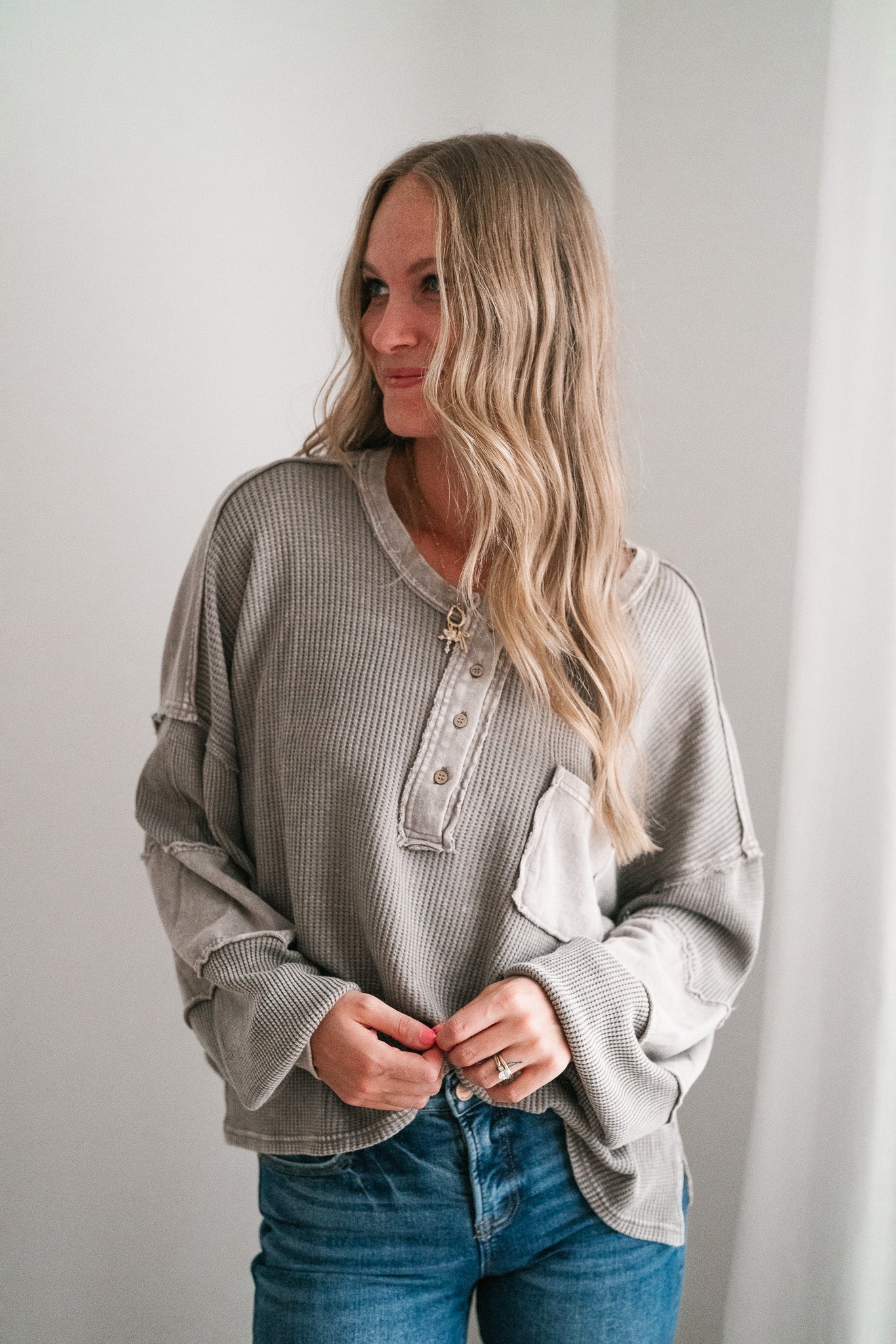 Coffee Hour Waffle Knit Top - Gray