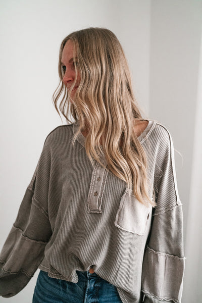 Coffee Hour Waffle Knit Top - Gray