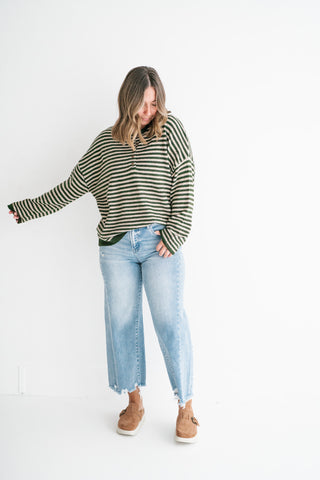 Hometown Stripe Henley Sweater - Olive
