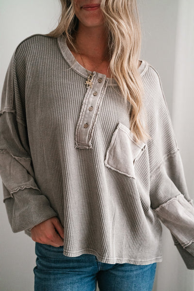 Coffee Hour Waffle Knit Top - Gray