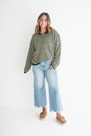 Hometown Stripe Henley Sweater - Olive