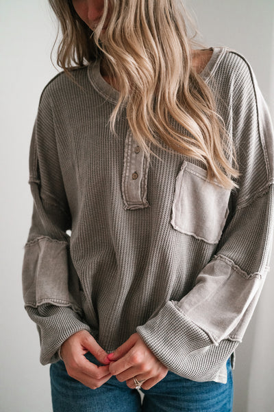 Coffee Hour Waffle Knit Top - Gray