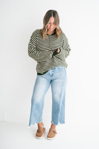 Hometown Stripe Henley Sweater - Olive