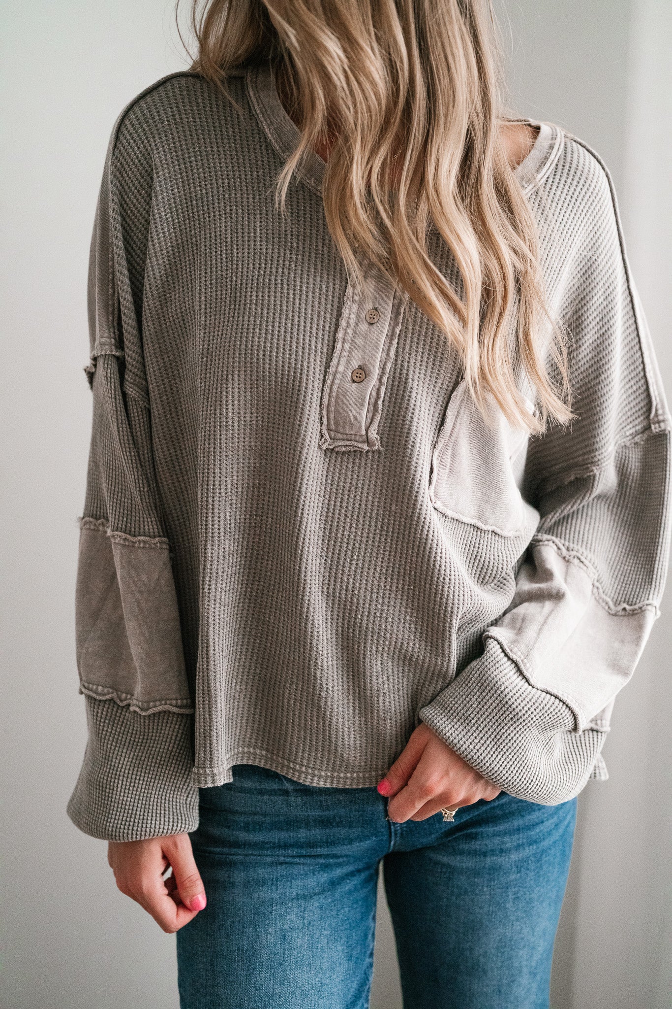 Coffee Hour Waffle Knit Top - Gray