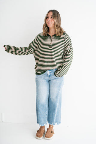 Hometown Stripe Henley Sweater - Olive