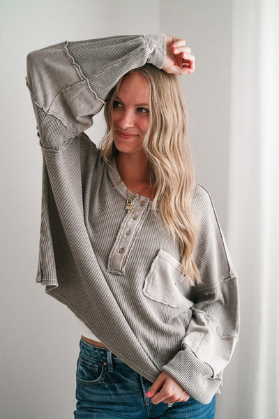 Coffee Hour Waffle Knit Top - Gray