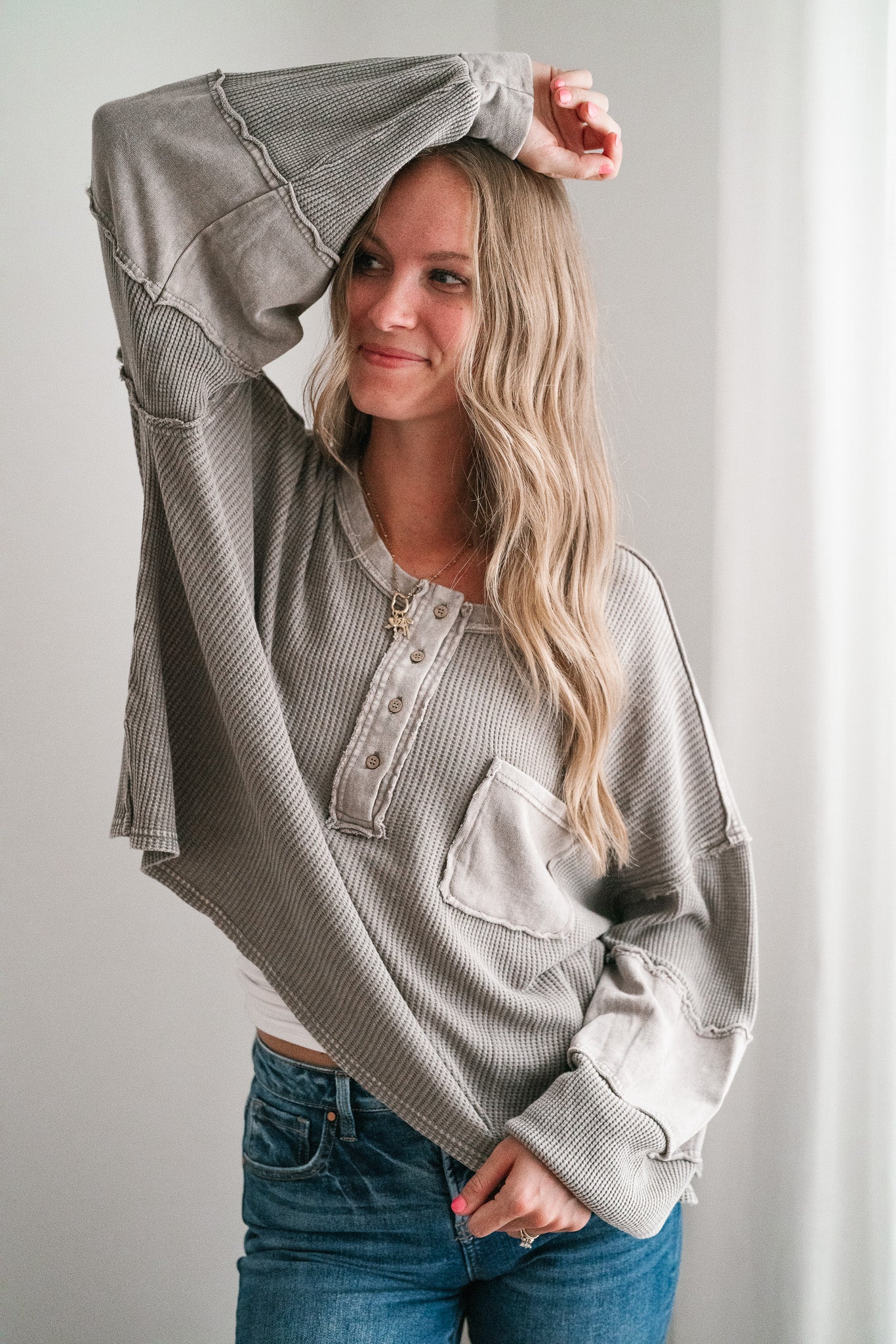 Coffee Hour Waffle Knit Top - Gray