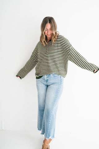 Hometown Stripe Henley Sweater - Olive